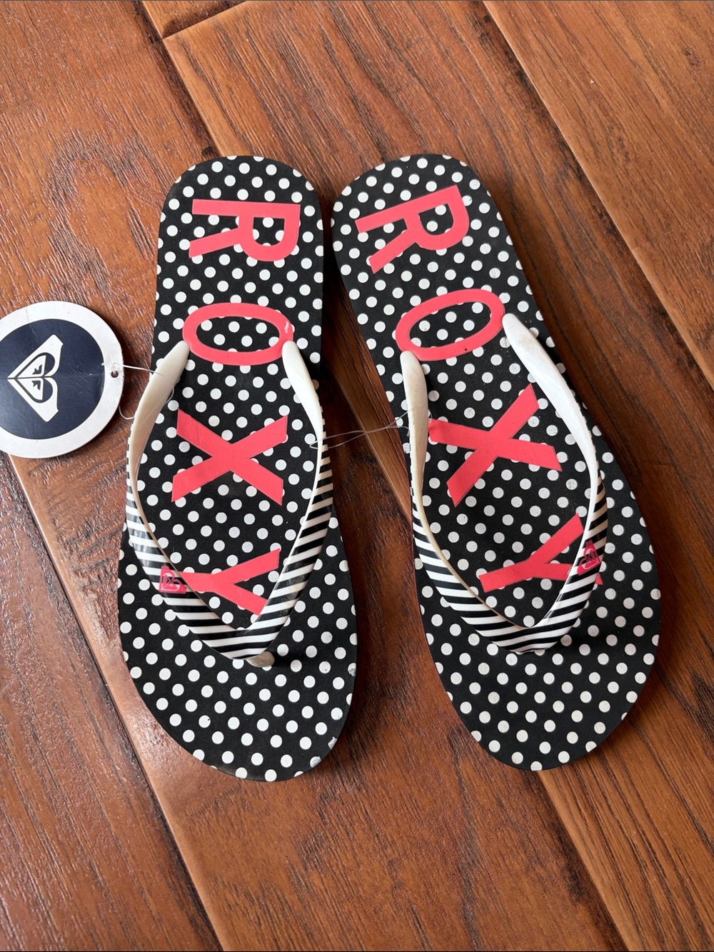 Roxy Black & White Polka Dot Flip Flops with Pink Logo